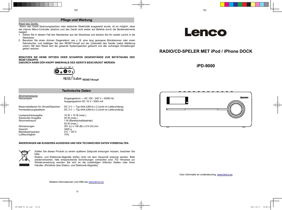 Radio/cd-speler met ipod / iphone dock ipd-9000 | Lenco IPD-9000 User Manual | Page 13 / 30