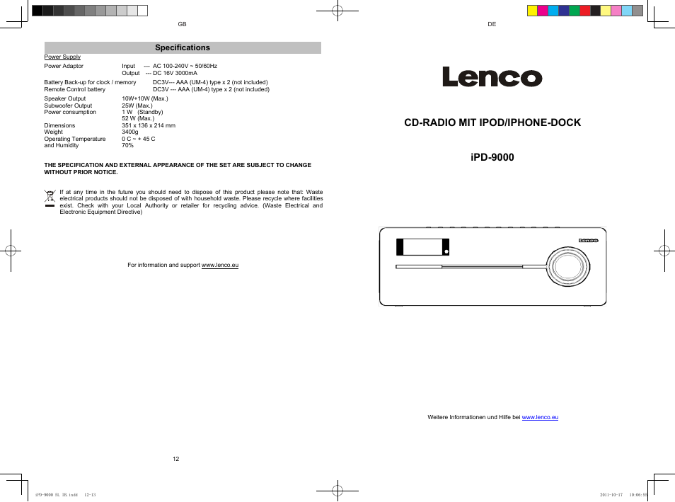 Cd-radio mit ipod/iphone-dock ipd-9000 | Lenco IPD-9000 User Manual | Page 7 / 30