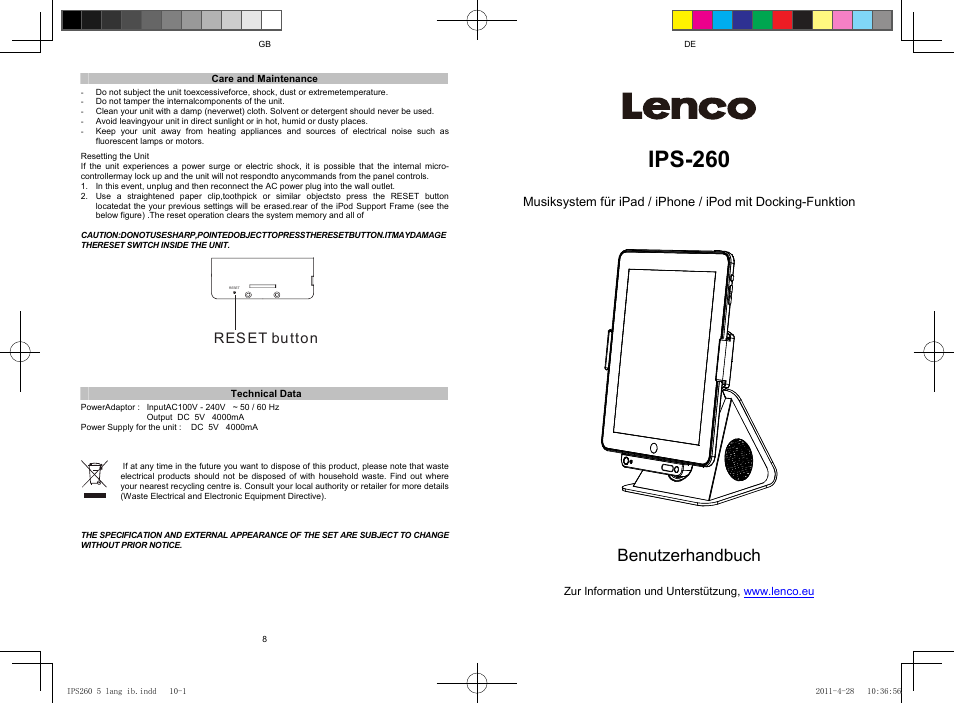 Ips-260, Benutzerhandbuch, Reset button | Lenco IPS-260 User Manual | Page 5 / 24