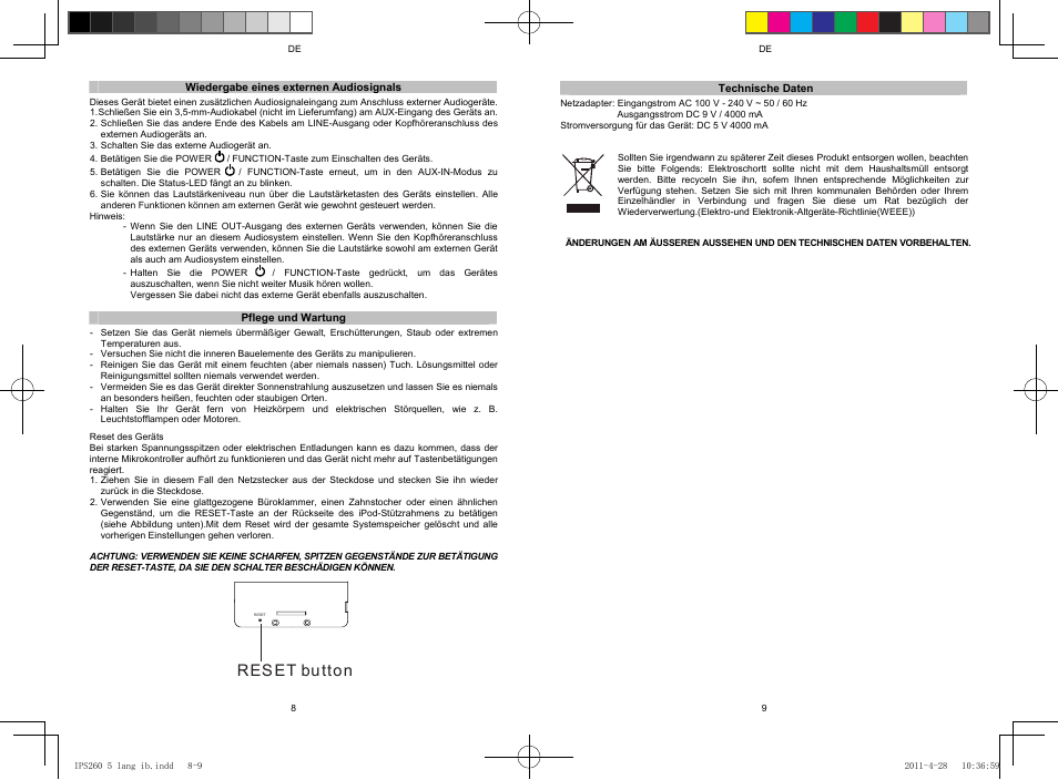 Reset button | Lenco IPS-260 User Manual | Page 9 / 24