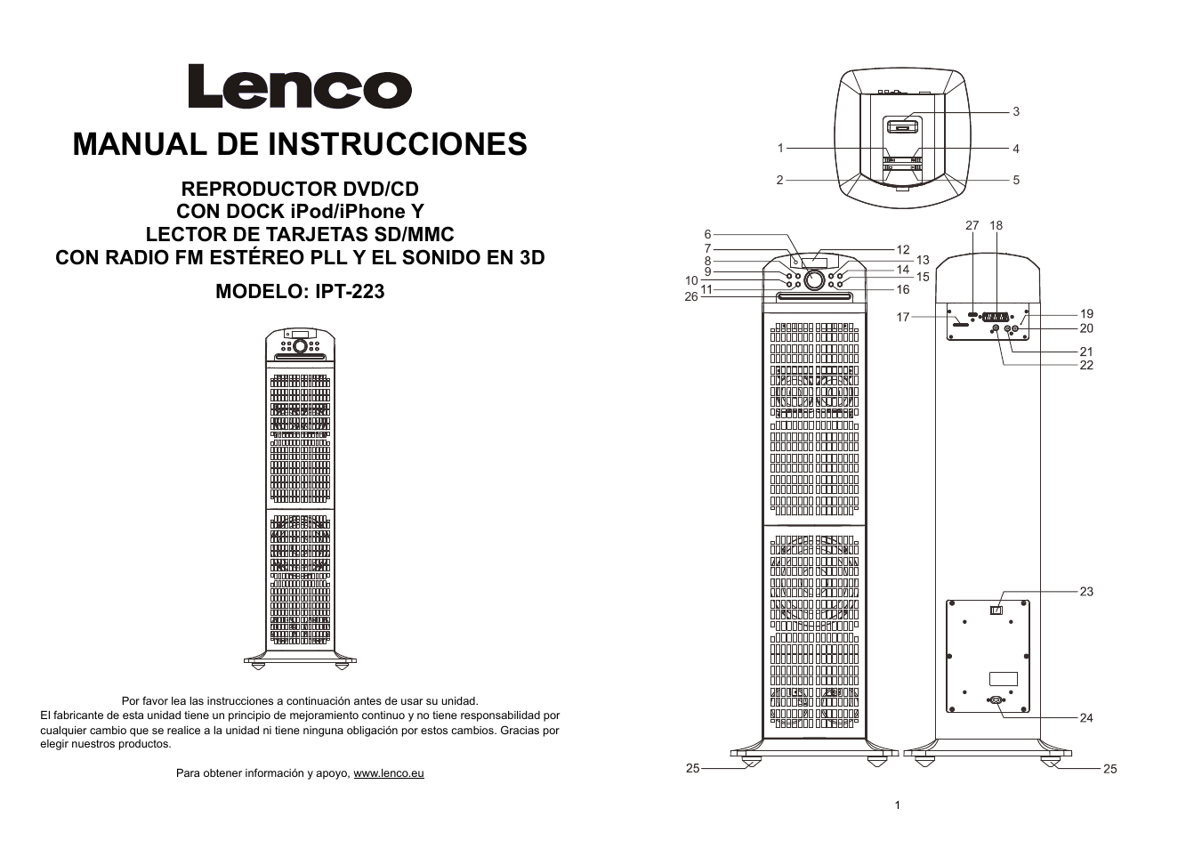 Ib15392-tdp600b-3d-sph8203r-lenco-es, Manual de instrucciones | Lenco IPT-22 DVD User Manual | Page 7 / 30