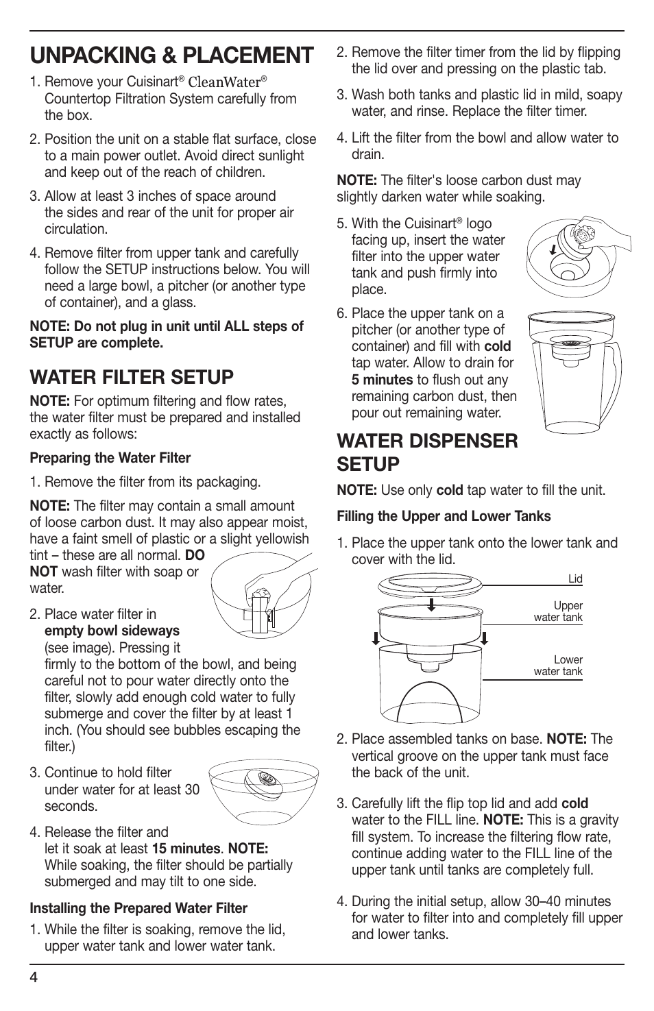 Unpacking & placement, Water filter setup, Water dispenser setup | Cuisinart Wch-1500 User Manual | Page 4 / 13