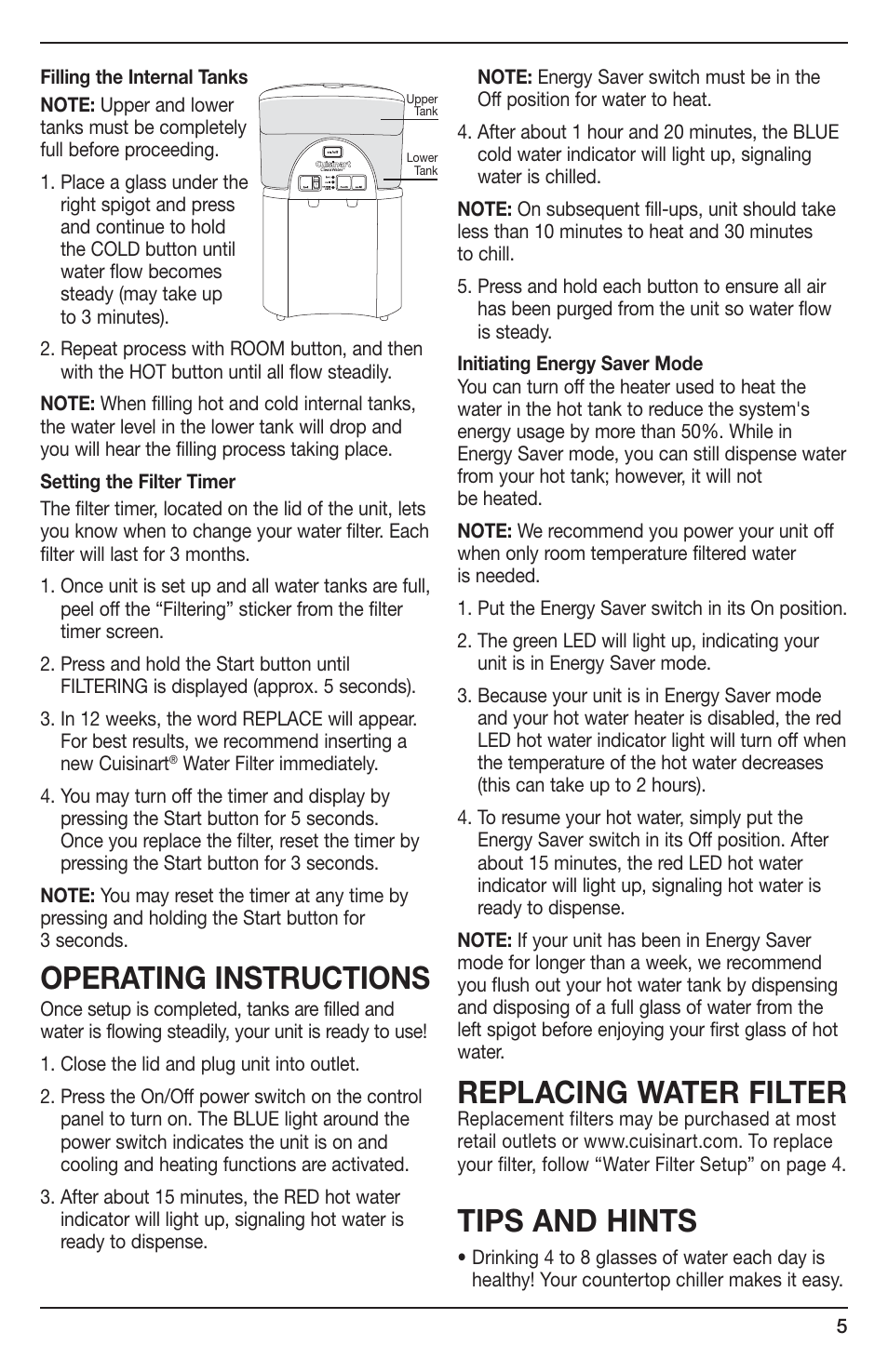 Operating instructions, Replacing water filter, Tips and hints | Cuisinart Wch-1500 User Manual | Page 5 / 13
