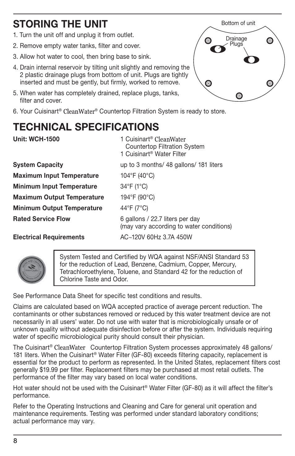 Storing the unit, Technical specifications | Cuisinart Wch-1500 User Manual | Page 8 / 13