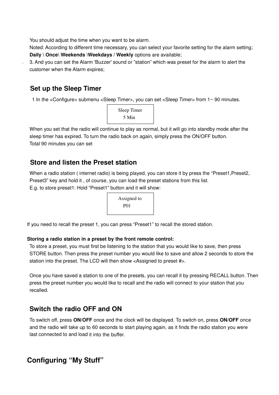 Configuring “my stuff, Set up the sleep timer, Store and listen the preset station | Switch the radio off and on | Lenco IR-1650 User Manual | Page 11 / 15