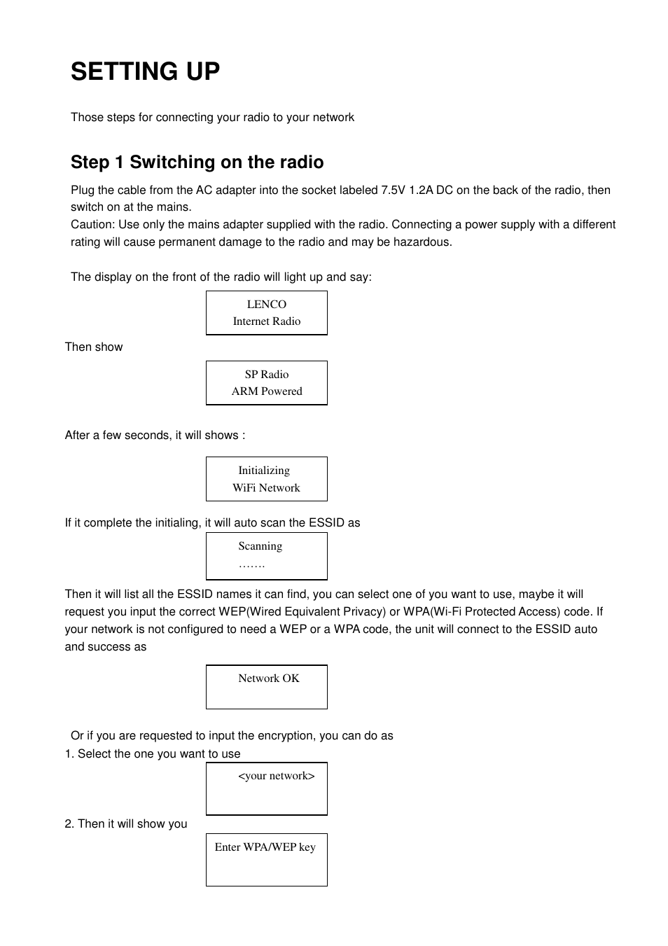 Setting up, Step 1 switching on the radio | Lenco IR-1650 User Manual | Page 3 / 15
