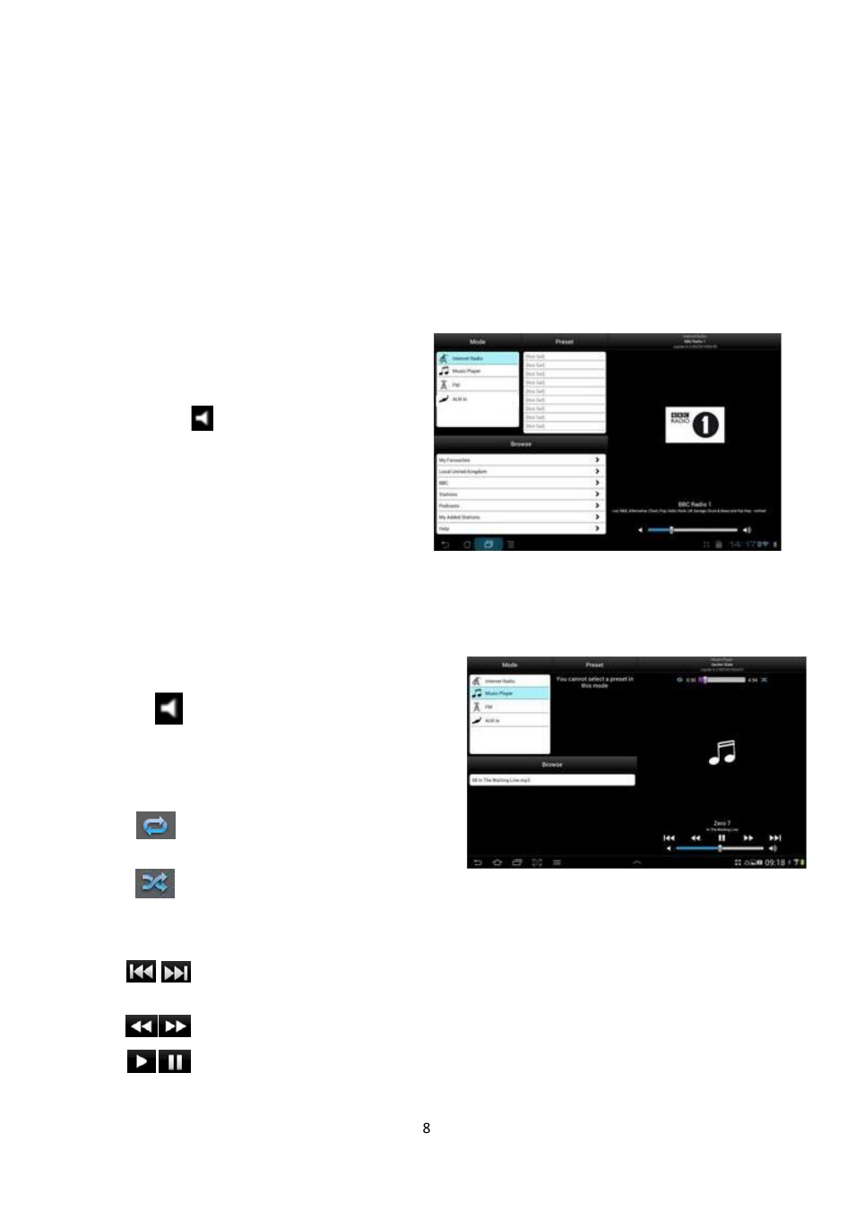 Internet radio, Music player, 1 internet radio | 2 music player | Lenco IR-2002 User Manual | Page 9 / 49