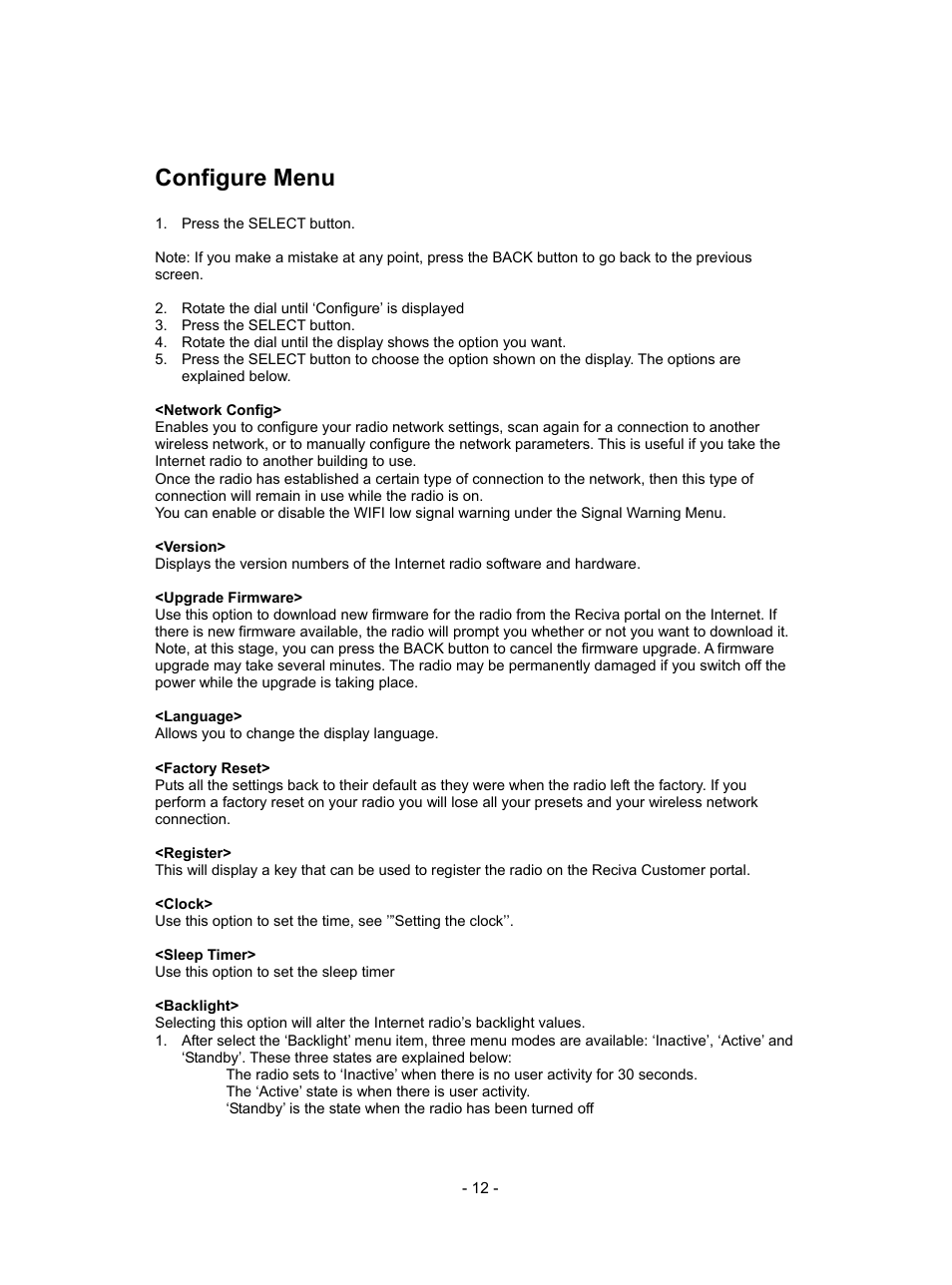 Configure menu | Lenco IR-3000 User Manual | Page 13 / 18