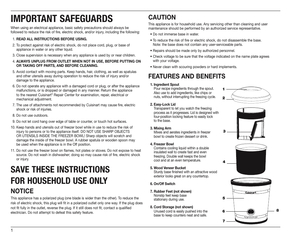 Important safeguards, Save these instructions for household use only, Notice | Caution, Features and benefits | Cuisinart IB-8565 User Manual | Page 2 / 4