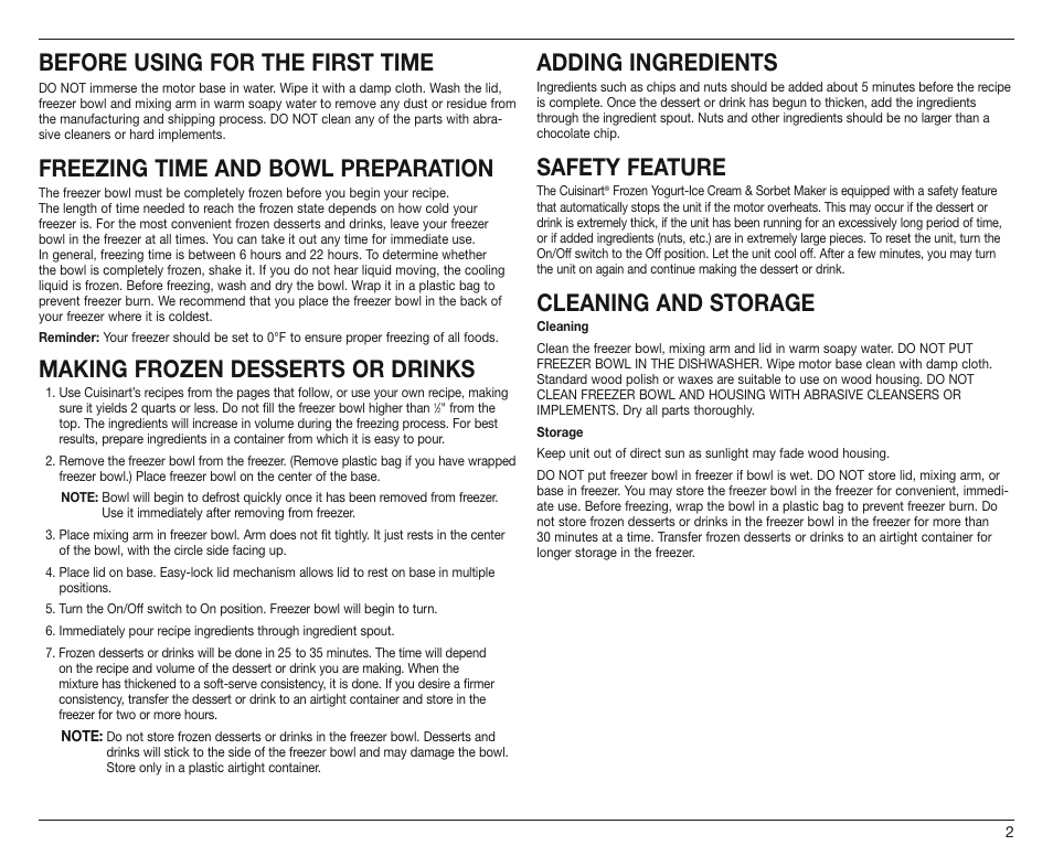 Before using for the first time, Freezing time and bowl preparation, Making frozen desserts or drinks | Adding ingredients, Safety feature, Cleaning and storage | Cuisinart IB-8565 User Manual | Page 3 / 4