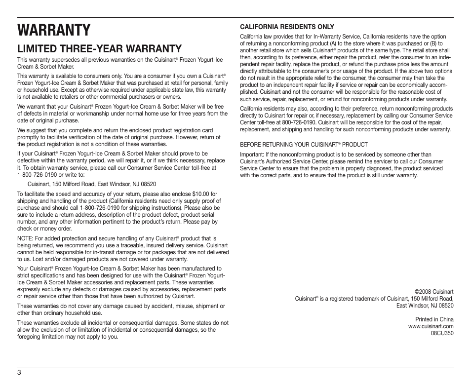 Warranty, Limited three-year warranty | Cuisinart IB-8565 User Manual | Page 4 / 4