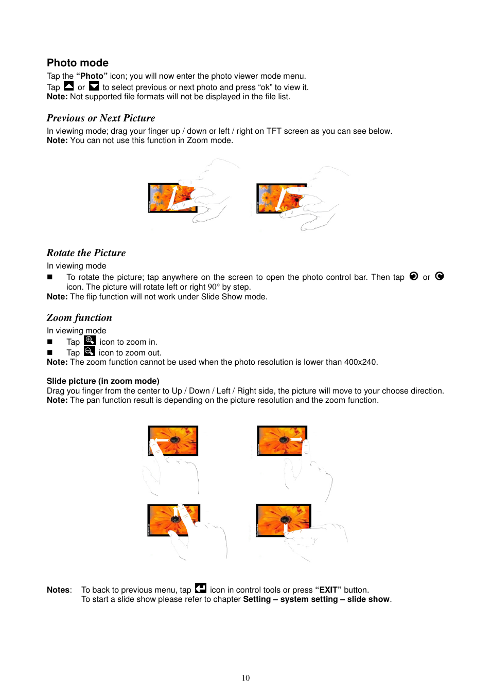 Photo mode, Previous or next picture, Rotate the picture | Zoom function | Lenco KH-955 User Manual | Page 10 / 16