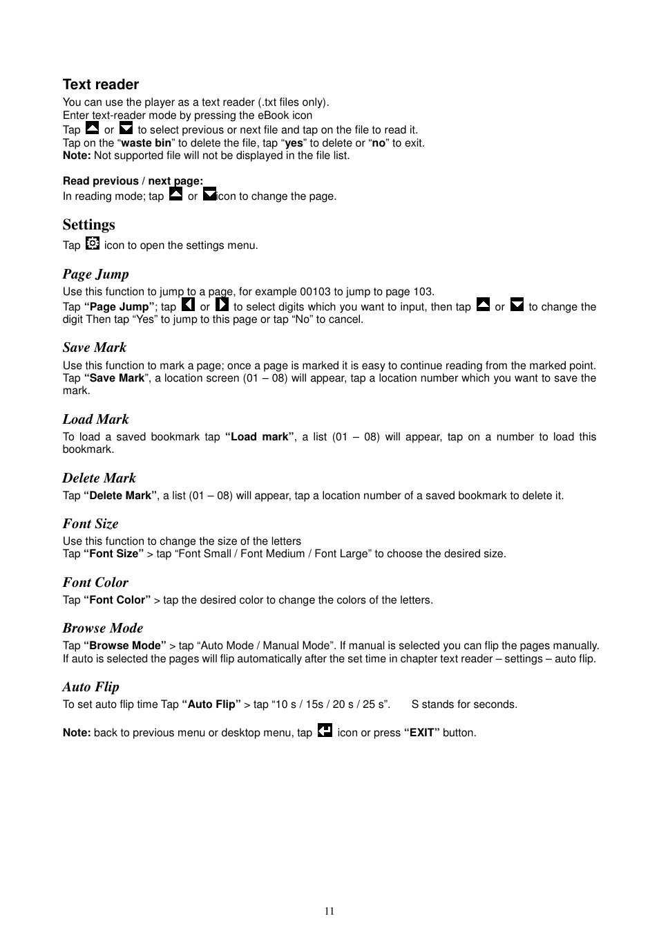 Settings, Text reader, Page jump | Save mark, Load mark, Delete mark, Font size, Font color, Browse mode, Auto flip | Lenco KH-955 User Manual | Page 11 / 16