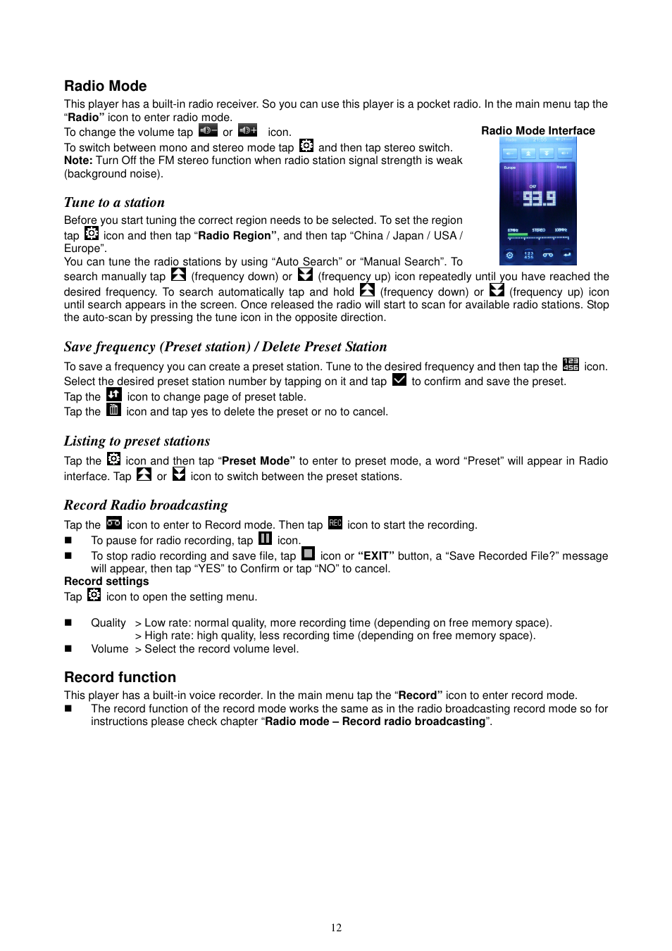 Radio mode, Tune to a station, Listing to preset stations | Record radio broadcasting, Record function | Lenco KH-955 User Manual | Page 12 / 16