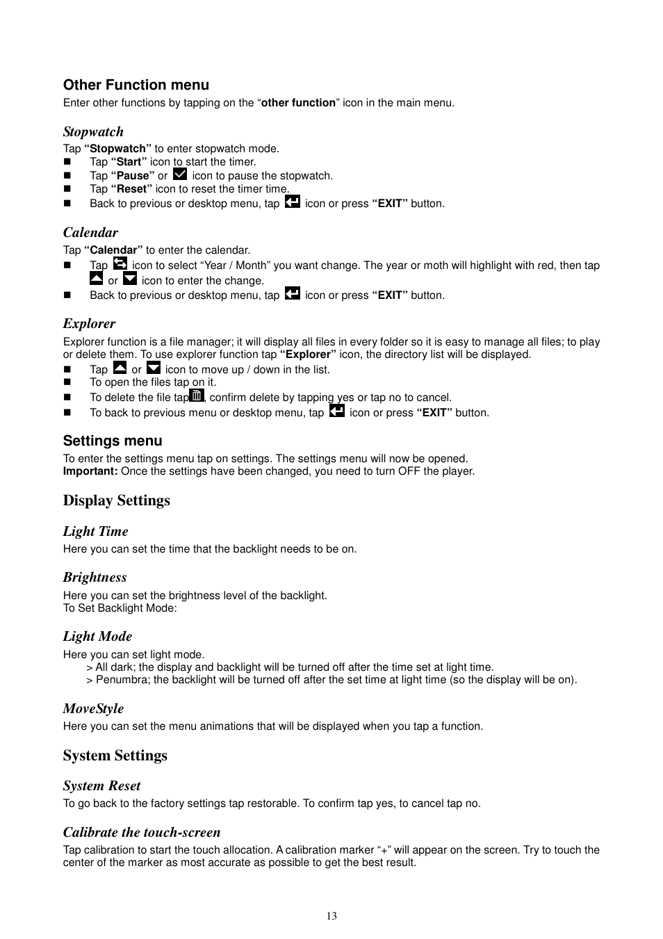 Display settings, System settings, Other function menu | Stopwatch, Calendar, Explorer, Settings menu, Light time, Brightness, Light mode | Lenco KH-955 User Manual | Page 13 / 16