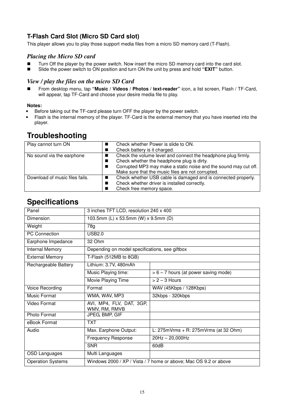 Troubleshooting, Specifications, T-flash card slot (micro sd card slot) | Placing the micro sd card, View / play the files on the micro sd card | Lenco KH-955 User Manual | Page 15 / 16