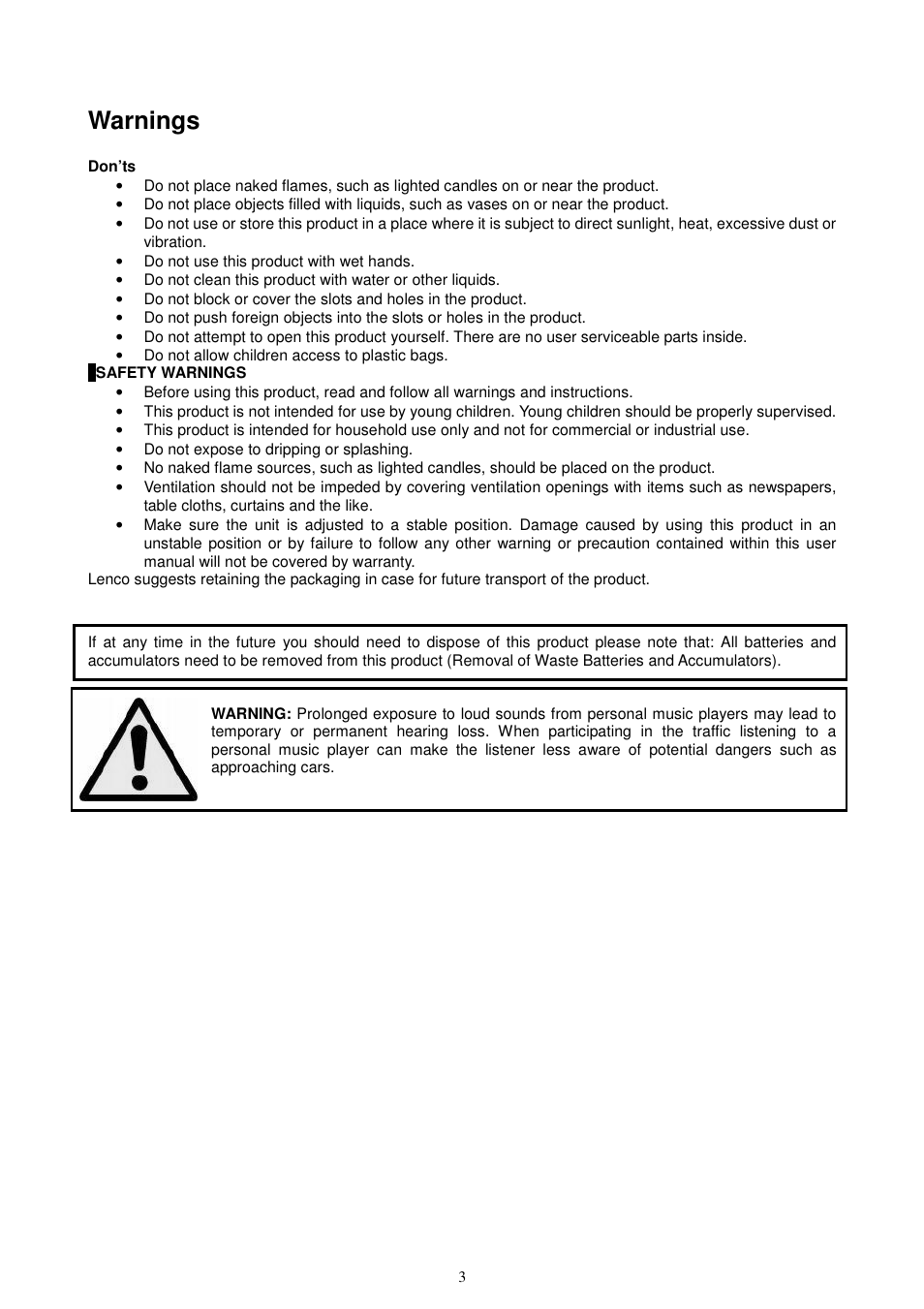 Warnings | Lenco KH-955 User Manual | Page 3 / 16