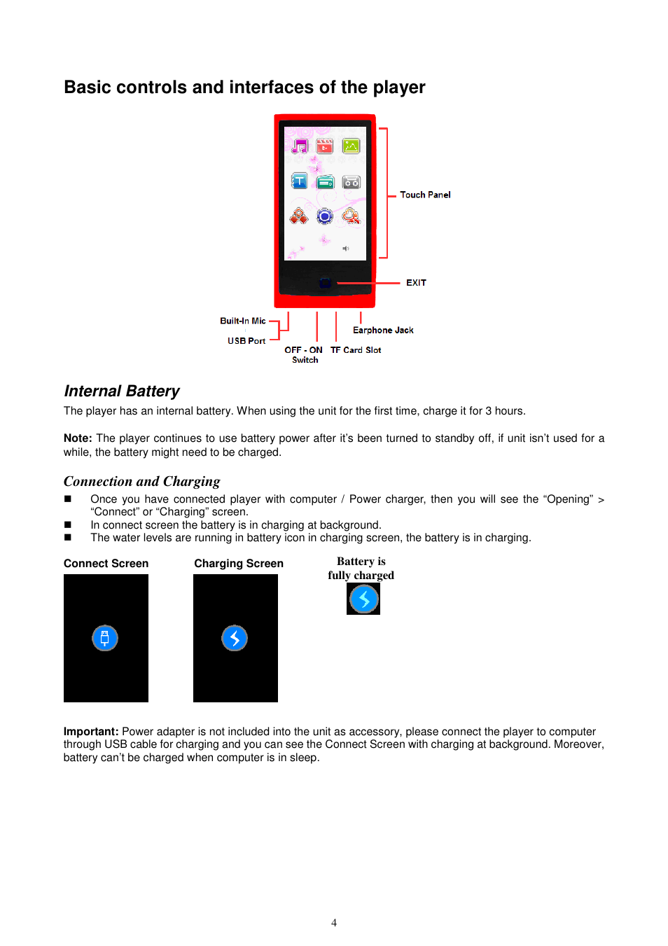 Basic controls and interfaces of the player, Internal battery, Connection and charging | Lenco KH-955 User Manual | Page 4 / 16
