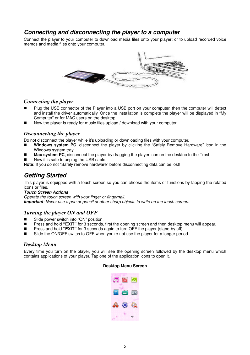 Getting started, Connecting the player, Disconnecting the player | Turning the player on and off, Desktop menu | Lenco KH-955 User Manual | Page 5 / 16