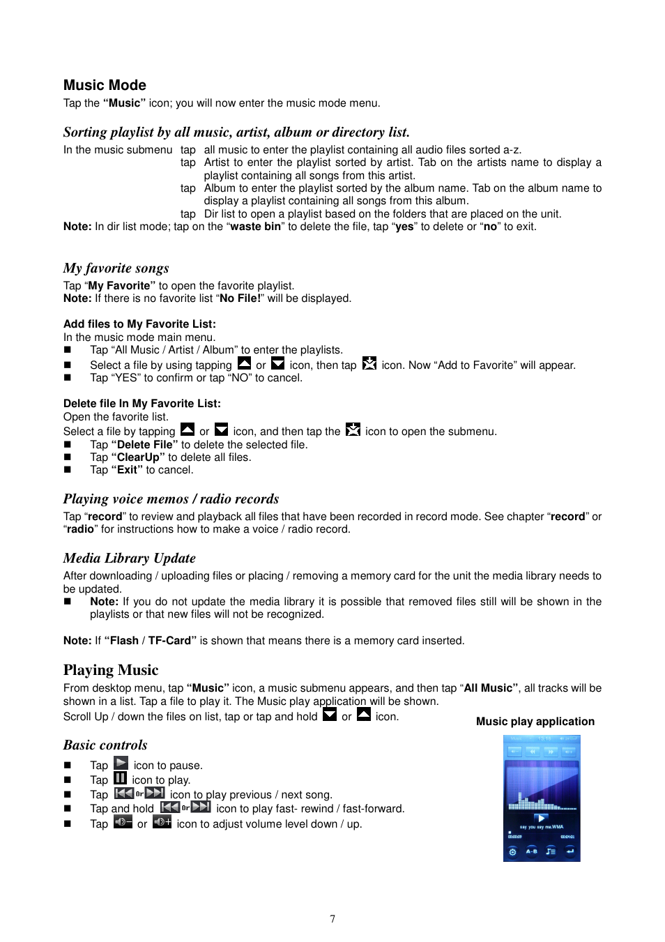 Playing music, Music mode, My favorite songs | Media library update, Basic controls | Lenco KH-955 User Manual | Page 7 / 16