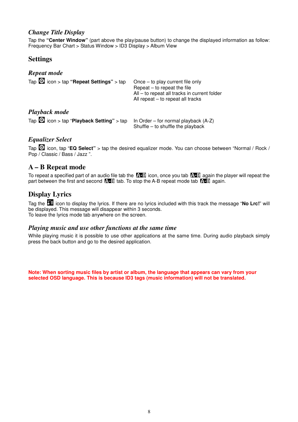 Settings, A – b repeat mode, Display lyrics | Change title display, Repeat mode, Playback mode, Equalizer select | Lenco KH-955 User Manual | Page 8 / 16