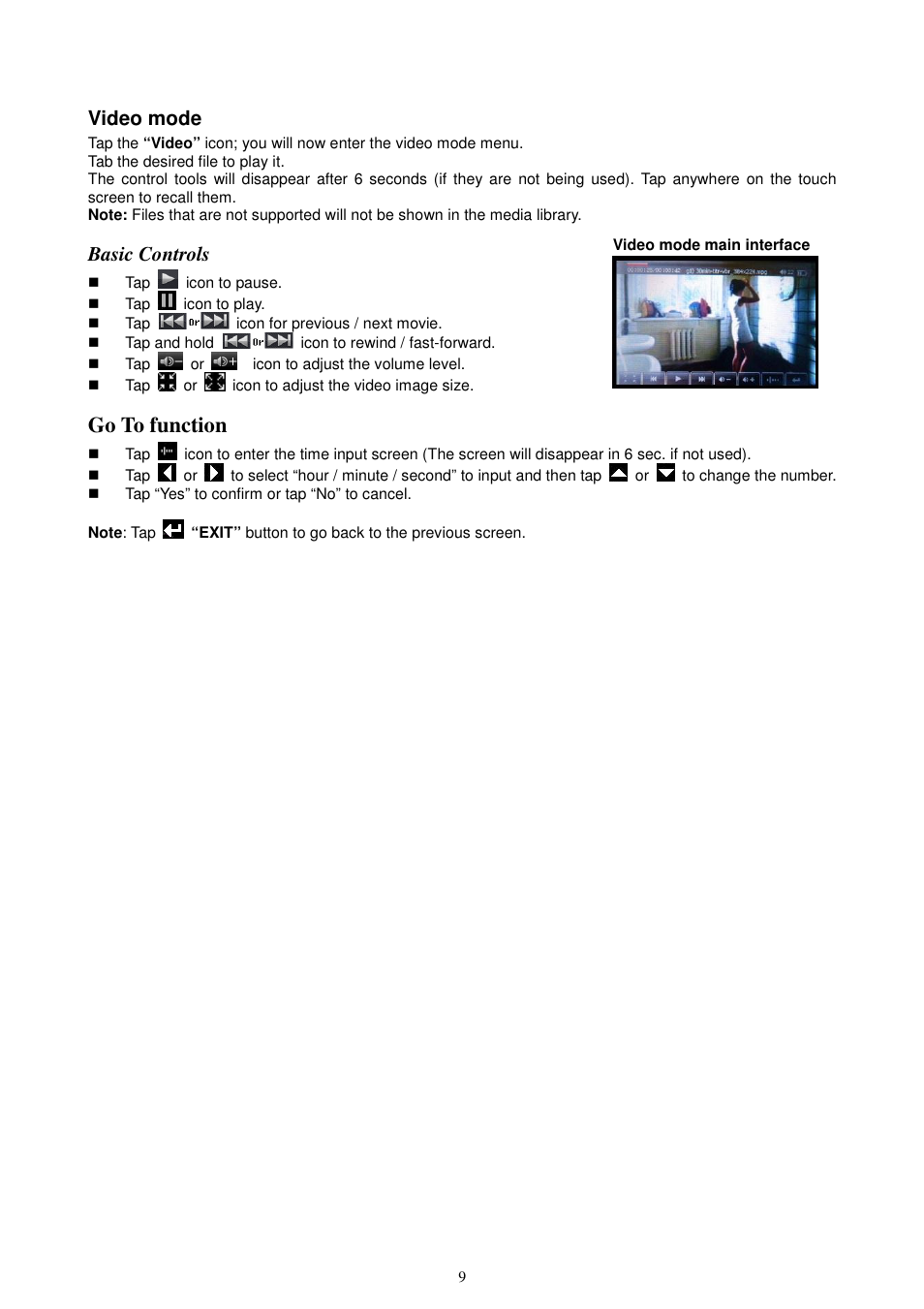 Go to function, Video mode, Basic controls | Lenco KH-955 User Manual | Page 9 / 16