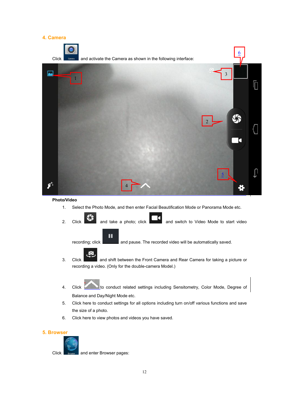 Camera, Broswer | Lenco Kidztab-520 mini User Manual | Page 12 / 29