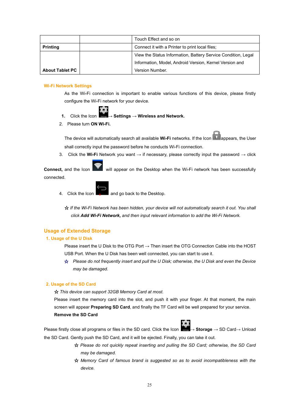 Wi-fi network settings, Usage of the u disk, Usage of the sd card | Lenco Kidztab-520 mini User Manual | Page 25 / 29