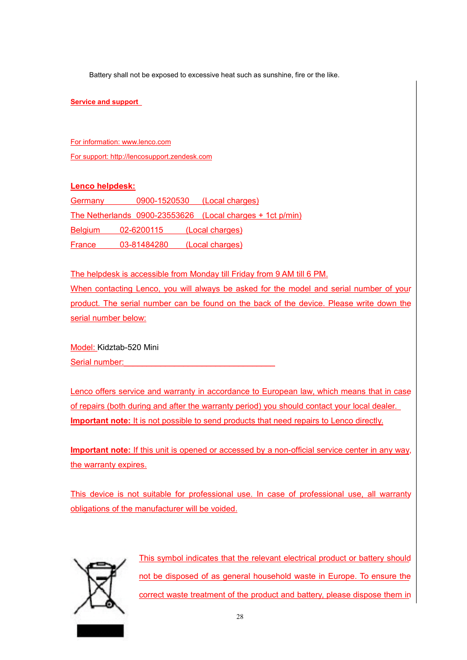 Serviceandsupport | Lenco Kidztab-520 mini User Manual | Page 28 / 29