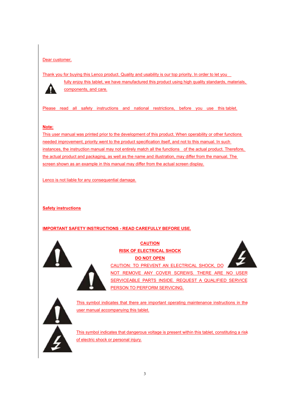 Safetyinstructions, Startup and shutdown | Lenco Kidztab-520 mini User Manual | Page 3 / 29