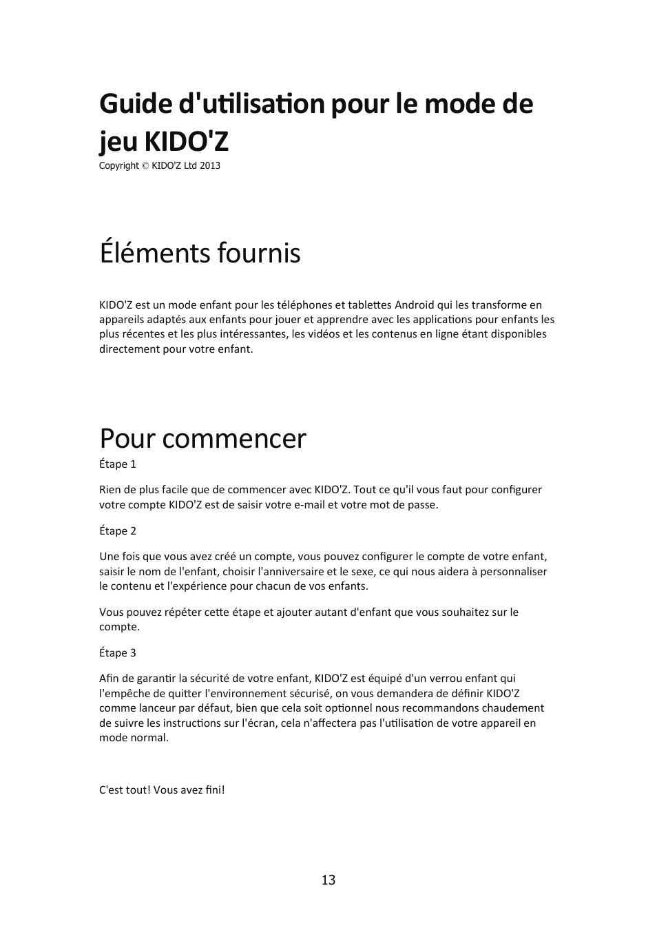 Guide d'utilisation pour le mode de jeu kido'z, Éléments fournis, Pour commencer | Lenco Kidztab-520 mini User Manual | Page 14 / 21