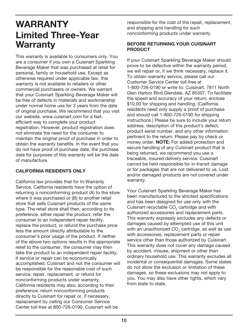 Warranty limited three-year warranty | Cuisinart Sparkling Beverage Maker SMS-201 User Manual | Page 11 / 21