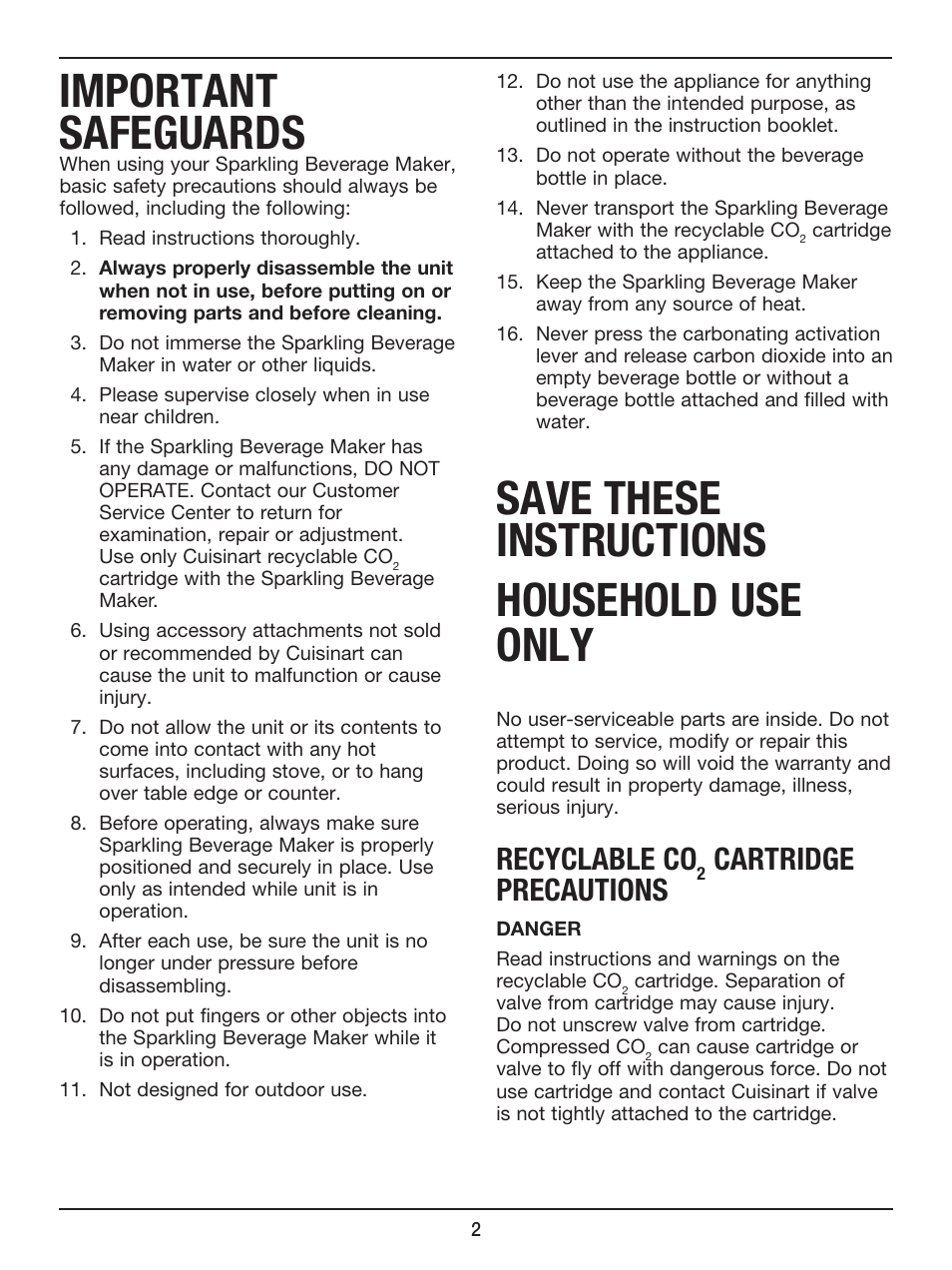 Important safeguards, Save these instructions household use only, Recyclable co | Cartridge precautions | Cuisinart Sparkling Beverage Maker SMS-201 User Manual | Page 3 / 21