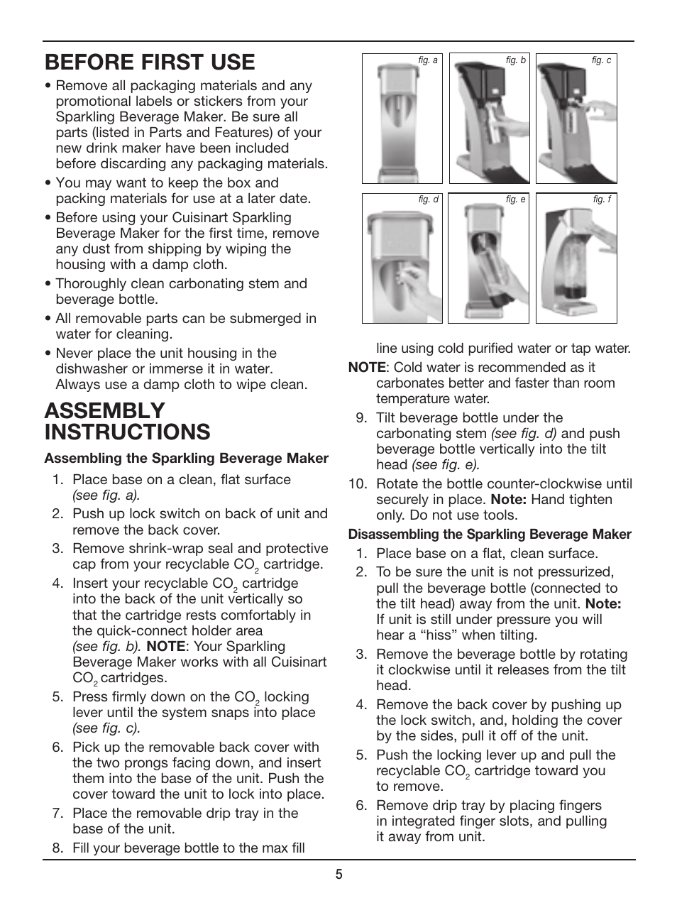 Before first use, Assembly instructions | Cuisinart Sparkling Beverage Maker SMS-201 User Manual | Page 6 / 21