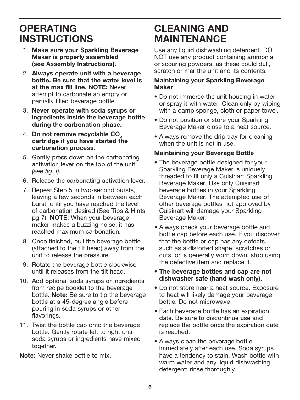 Operating instructions, Cleaning and maintenance | Cuisinart Sparkling Beverage Maker SMS-201 User Manual | Page 7 / 21