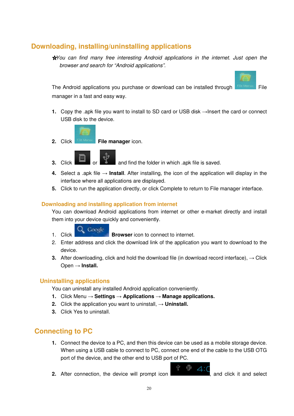 Downloading, installing/uninstalling applications, Connecting to pc | Lenco KidzTab-70 User Manual | Page 20 / 24