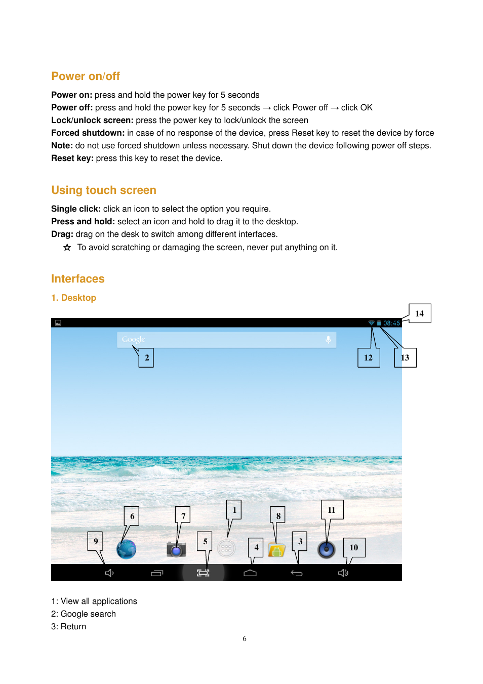Power on/off, Using touch screen, Interfaces | Lenco KidzTab-70 User Manual | Page 6 / 24