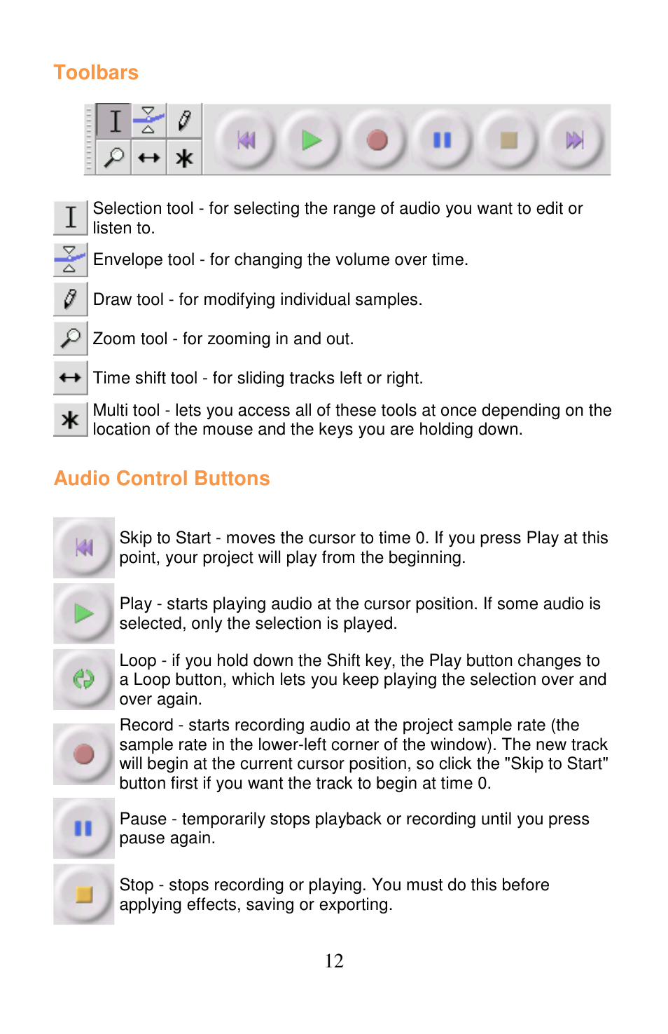 12 toolbars, Audio control buttons | Lenco L-175 User Manual | Page 12 / 29