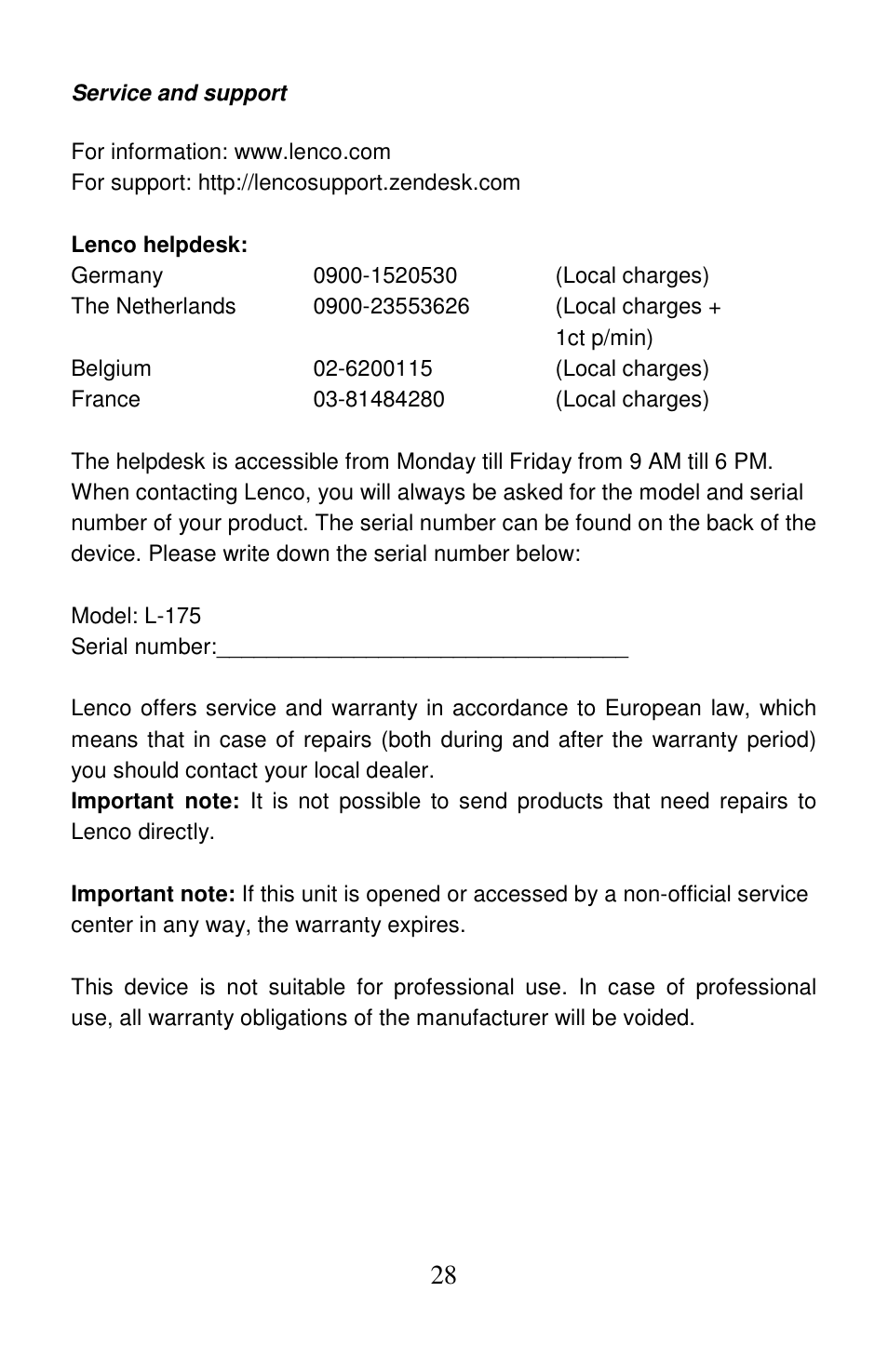 Lenco L-175 User Manual | Page 28 / 29