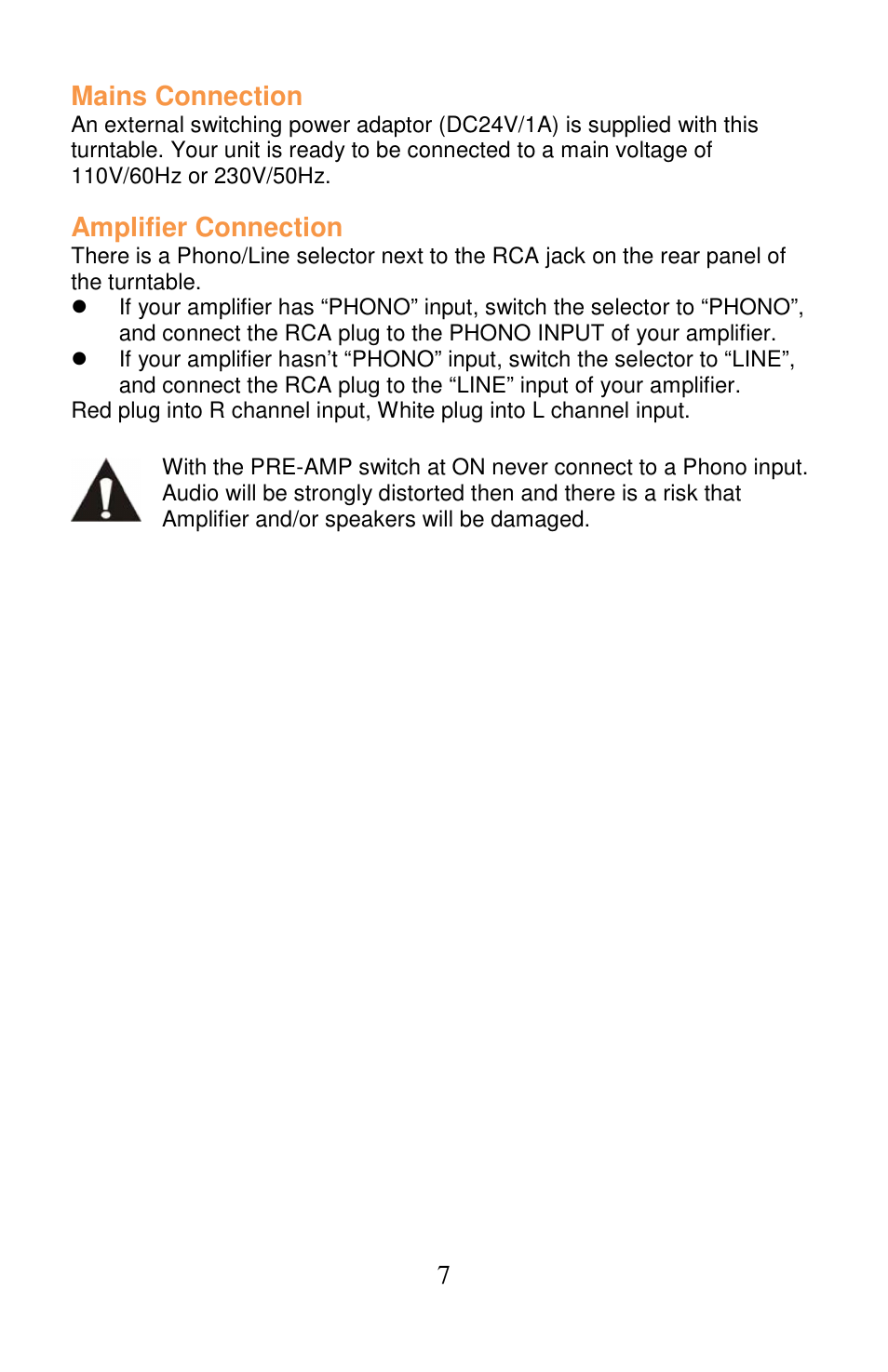 7mains connection, Amplifier connection | Lenco L-175 User Manual | Page 7 / 29