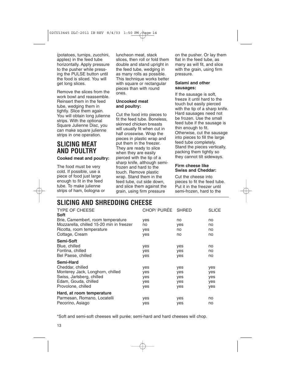 Slicing meat and poultry, Slicing and shredding cheese | Cuisinart 11-Cup Series User Manual | Page 14 / 68