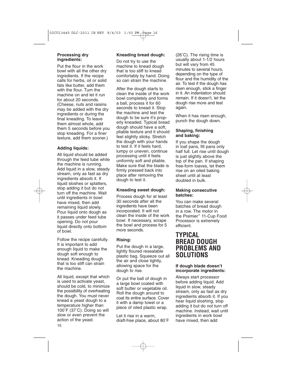 Typical bread dough problems and solutions | Cuisinart 11-Cup Series User Manual | Page 16 / 68
