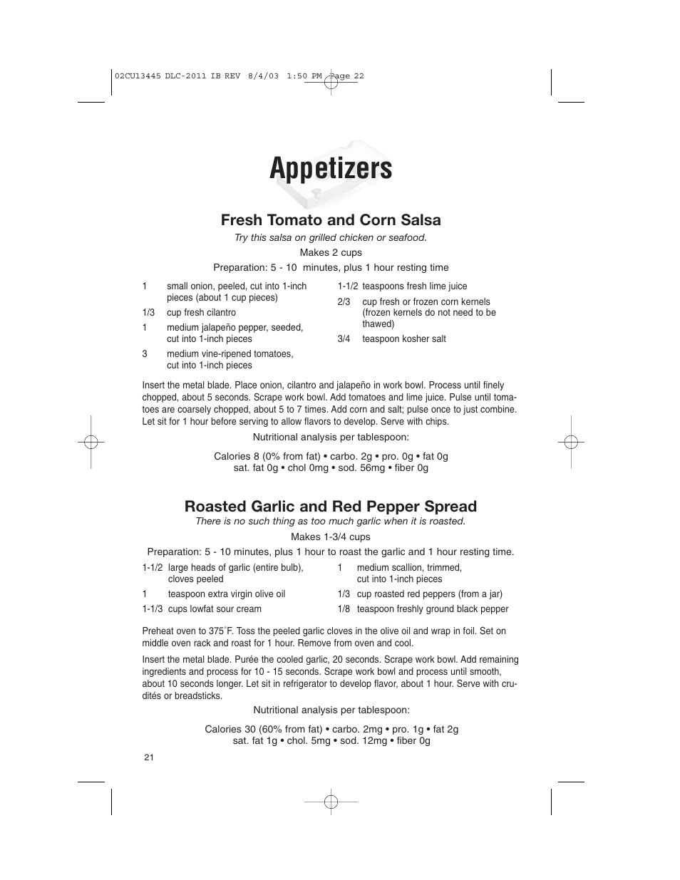 Appetizers, Fresh tomato and corn salsa, Roasted garlic and red pepper spread | Cuisinart 11-Cup Series User Manual | Page 22 / 68