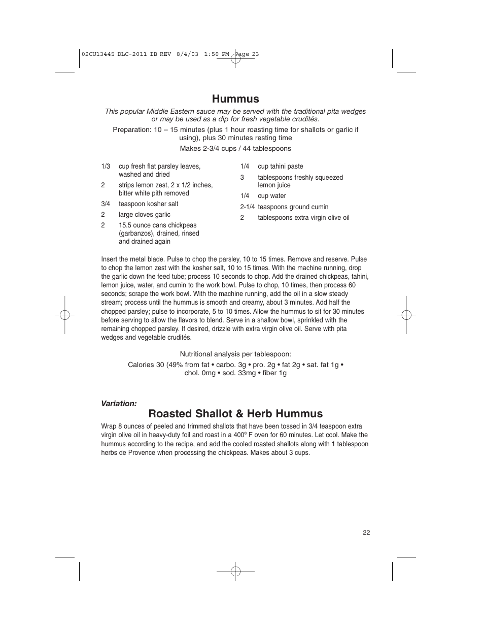 Hummus, Roasted shallot & herb hummus | Cuisinart 11-Cup Series User Manual | Page 23 / 68