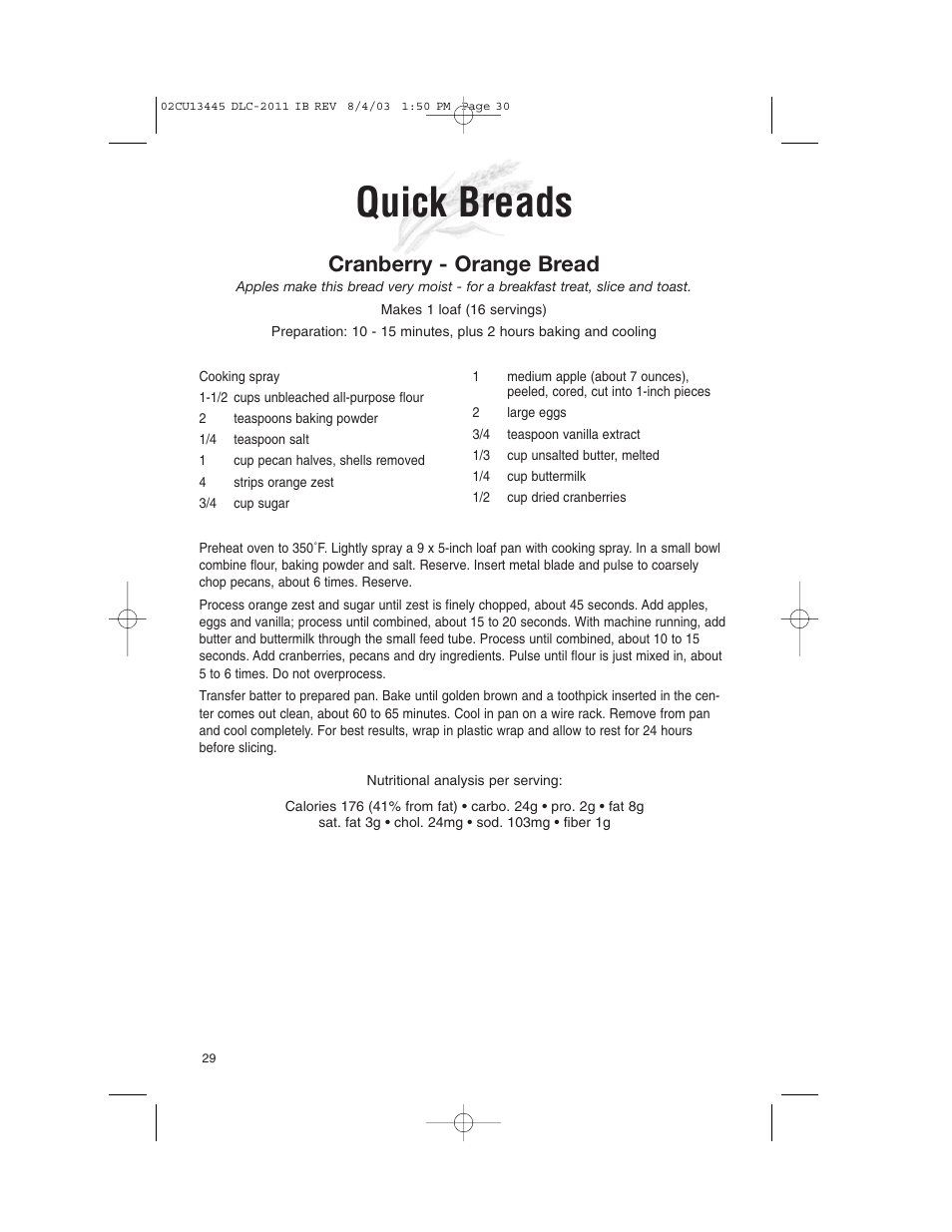 Quick breads, Cranberry - orange bread | Cuisinart 11-Cup Series User Manual | Page 30 / 68