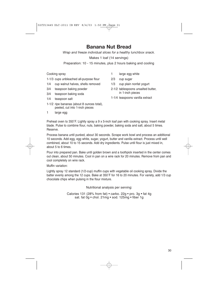 Banana nut bread | Cuisinart 11-Cup Series User Manual | Page 31 / 68