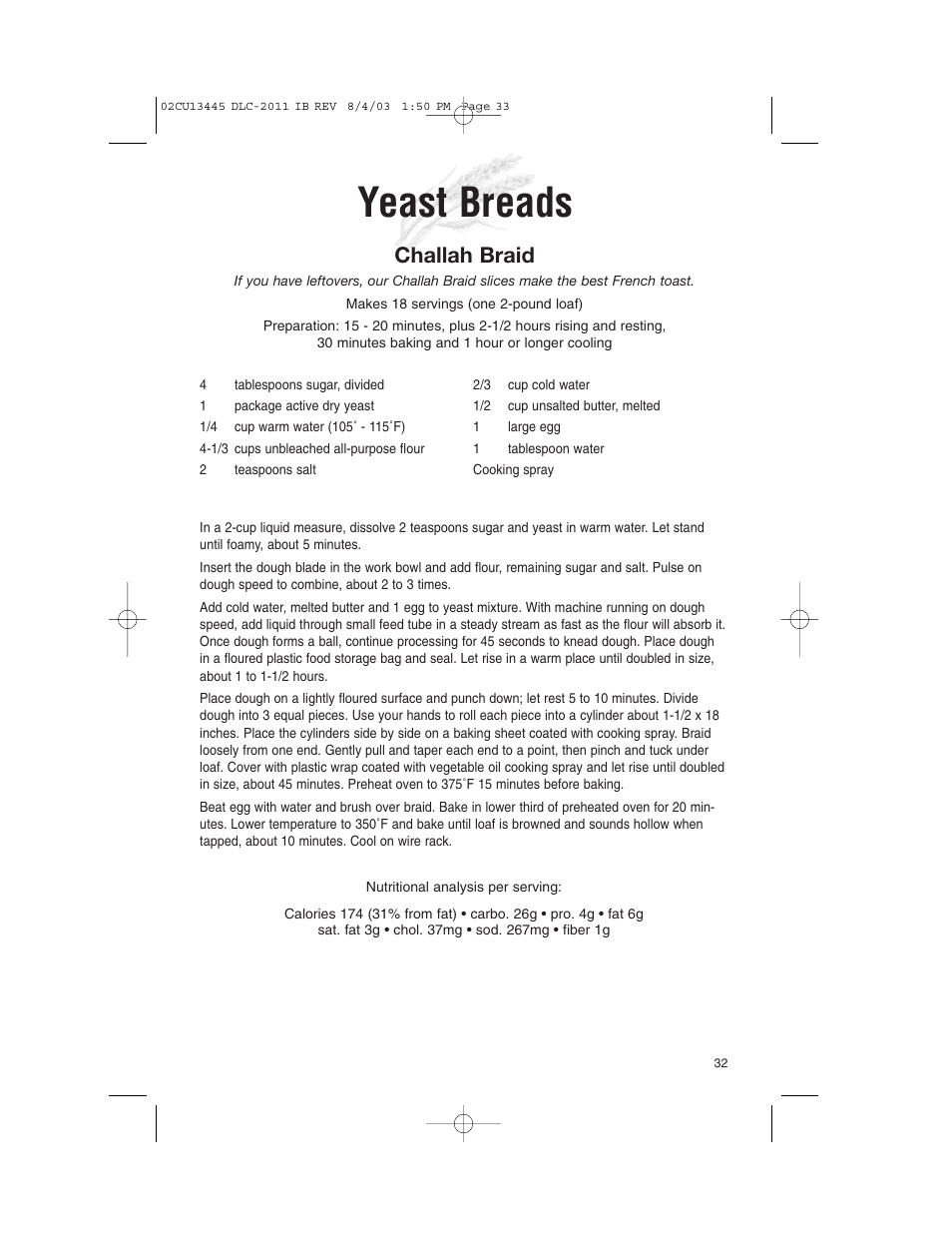 Yeast breads, Challah braid | Cuisinart 11-Cup Series User Manual | Page 33 / 68