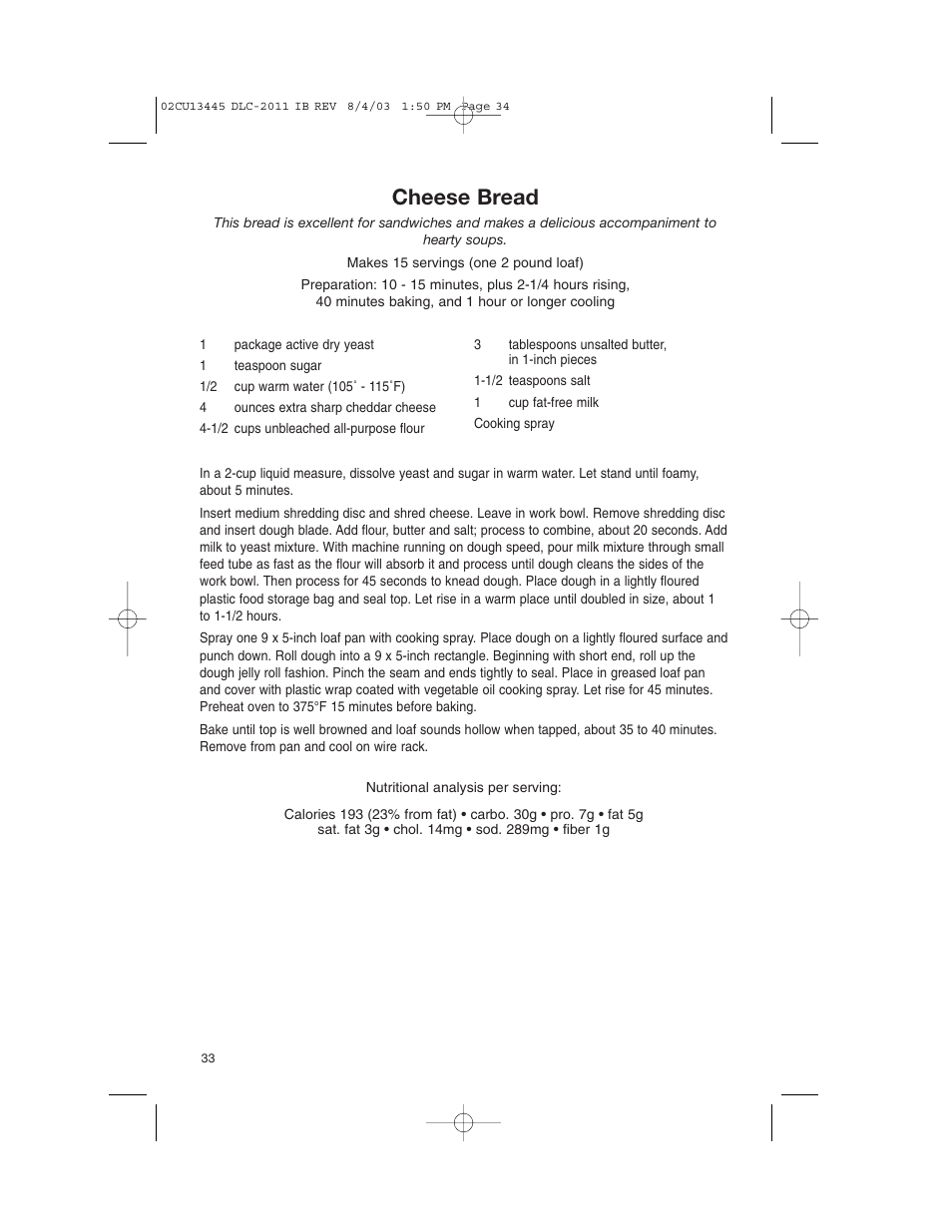 Cheese bread | Cuisinart 11-Cup Series User Manual | Page 34 / 68