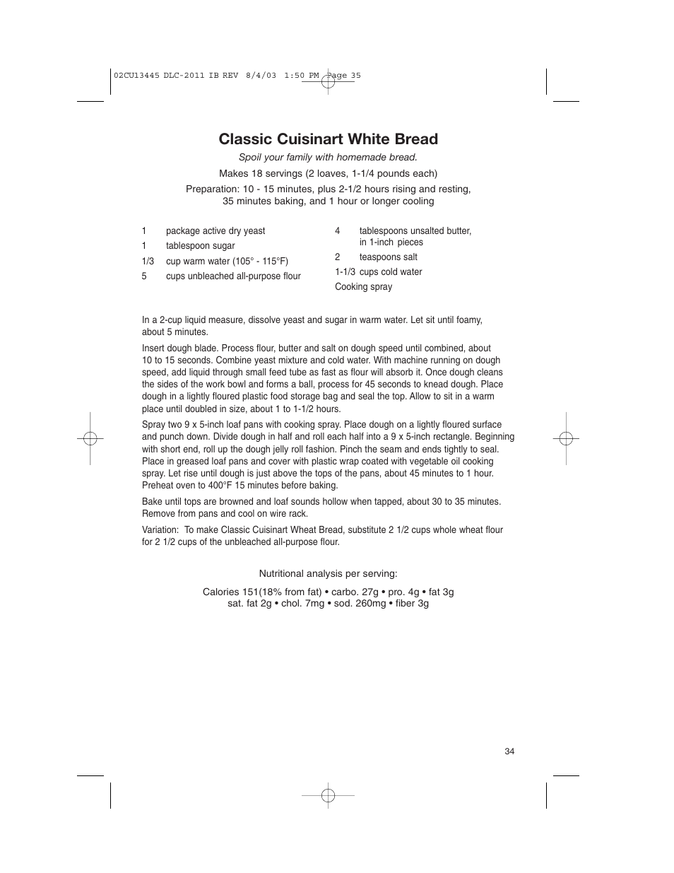 Classic cuisinart white bread | Cuisinart 11-Cup Series User Manual | Page 35 / 68