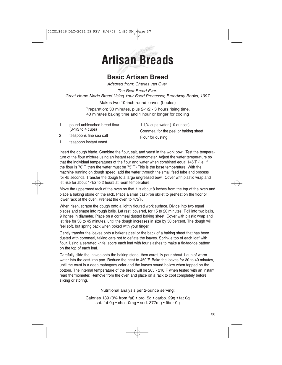 Artisan breads, Basic artisan bread | Cuisinart 11-Cup Series User Manual | Page 37 / 68